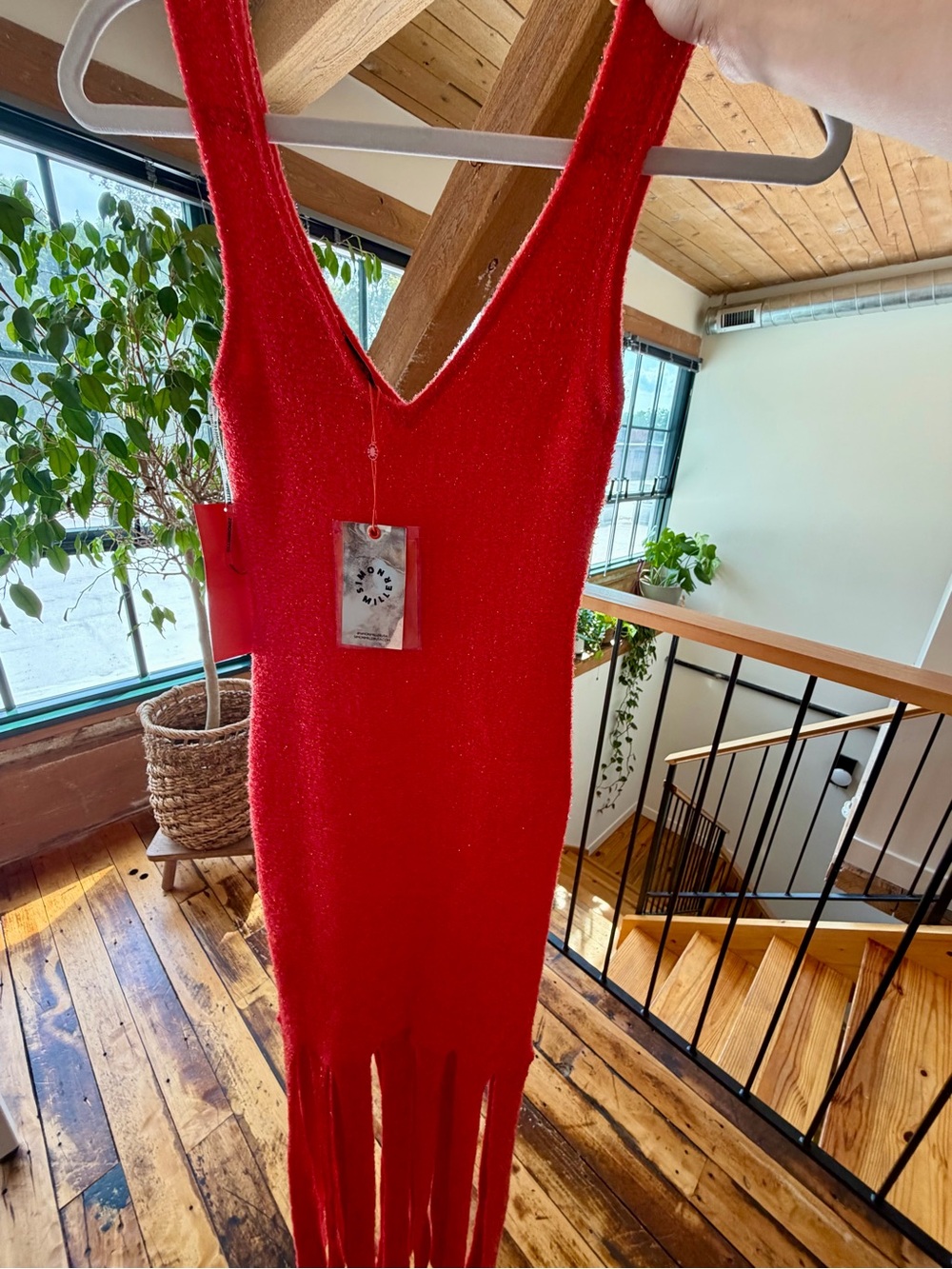 Simon Miller Red Knit V-Neck Midi Dress with Fringe